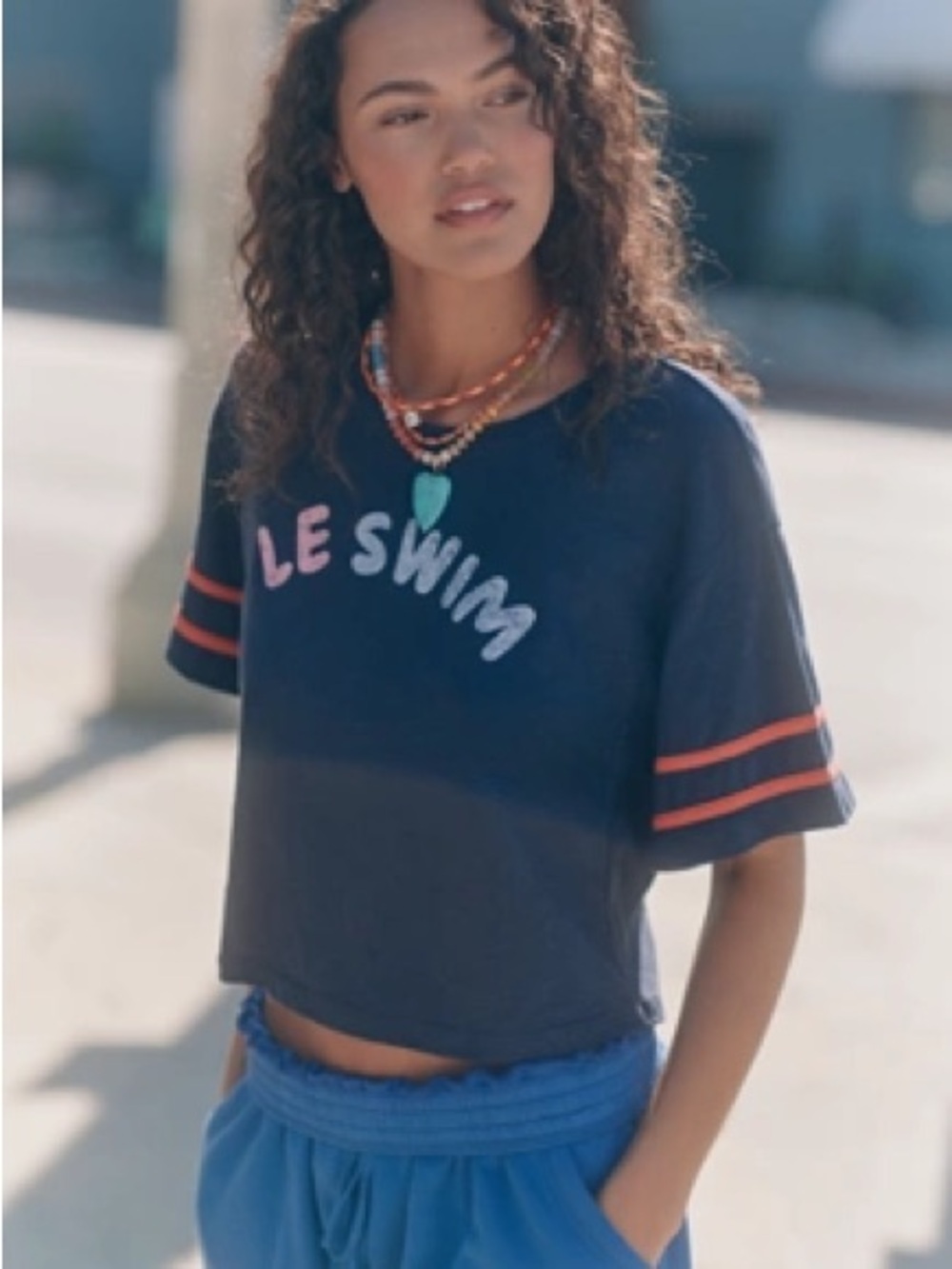 Sundry Anthropologie Le Swim Navy Graphic Crop Tee